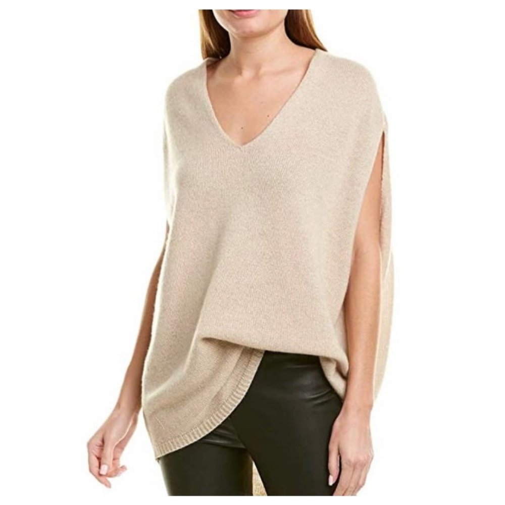 Theory Sweater 100% Cashmere Beige V-neck Cape Vest Lightweight Knit size L